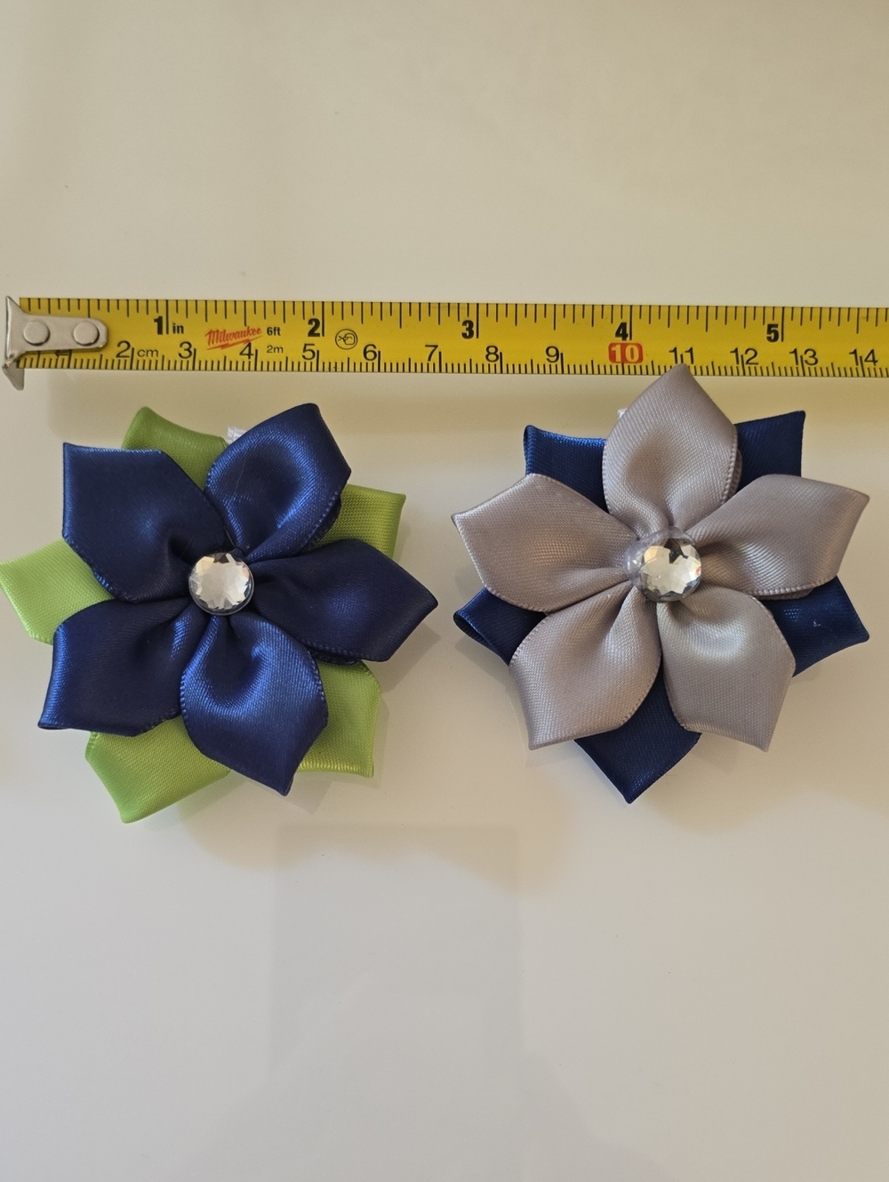 Handmade, Blue & Green Satin Flower Hair Clips for Kids - Set of 2